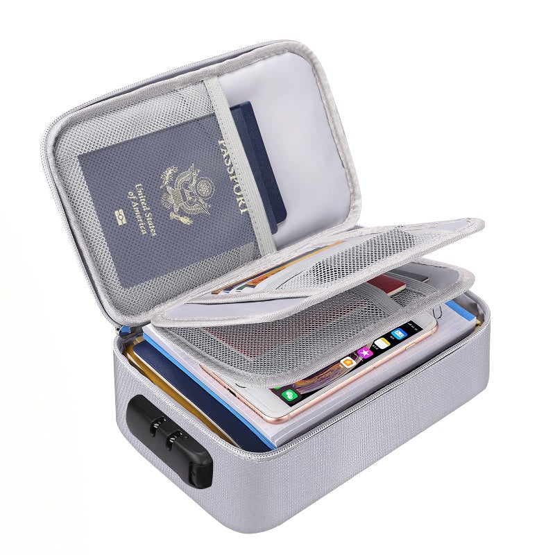 ENGPOW Small Fireproof Storage Organizer Case with Lock(9.4? 5.9? 3.2  3-Layer Money Safe Coin Organizer Wallet Bag for Cash Card Passport Check Bill Travel Home Organizer Carrying Case Silver - Image 1